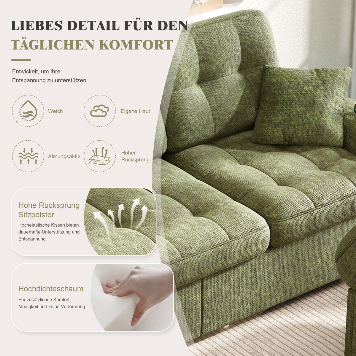 BIGSOFA mit Stauraum-Hocker, USB-C, LED und Getränkehaltern aus Chenille - Grün, Textil (194.5/83/133cm) - EVRYAE