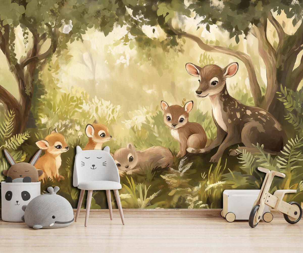 FOTOTAPETE Kinderzimmer Wald Tiere Tapete Kinder 350x250 - Multicolor, Papier (350/250cm) - Wallarena