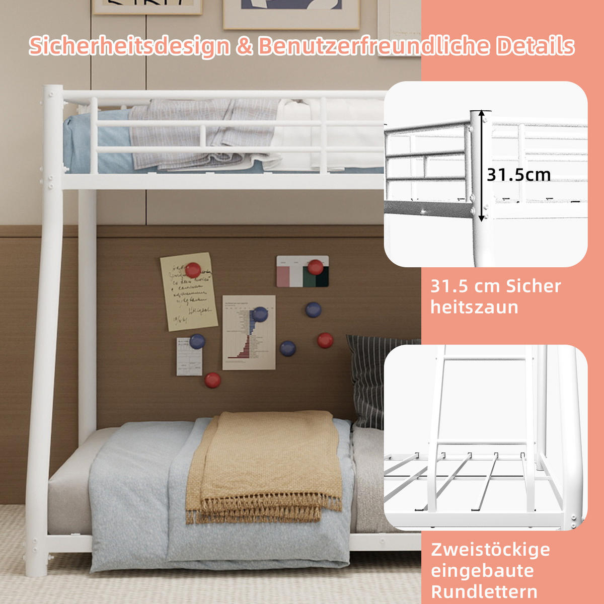 ETAGENBETT Metall Schwarz - Weiß, Metall (140/190cm) - ComfortXL