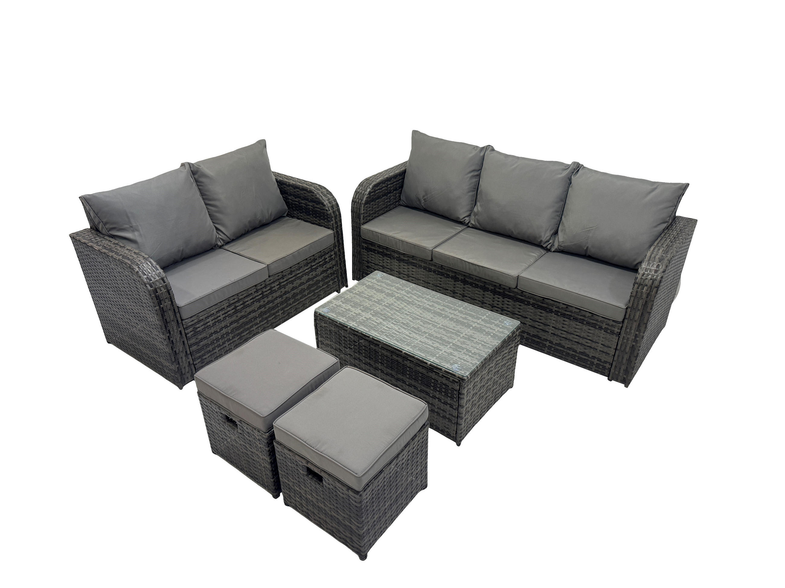 GARTENMÖBELSET mit Couchtisch Polyrattan 7-Sitzer - Dunkelgrau/Grau, Glas/Kunststoff - Fimous