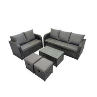 GARTENMÖBELSET mit Couchtisch Polyrattan 7-Sitzer - Dunkelgrau/Grau, Glas/Kunststoff - Fimous