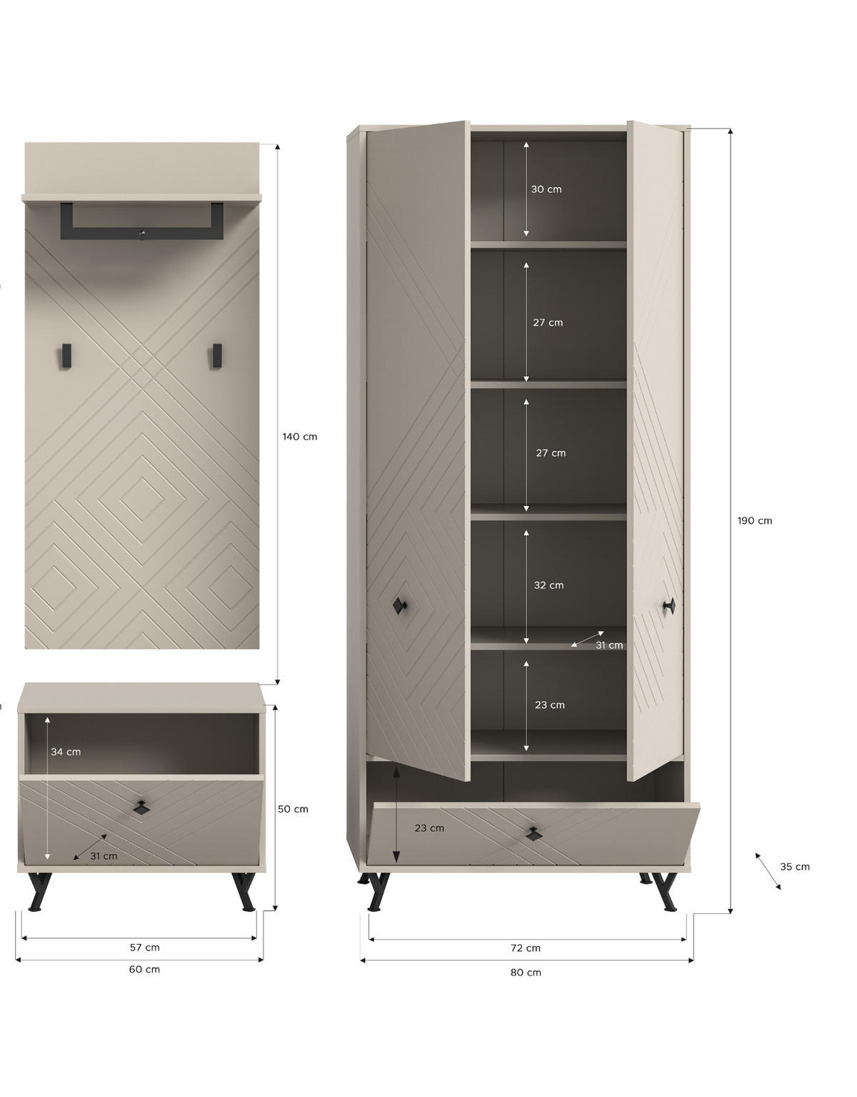 GARDEROBE Set 3-teilig Sand matt 195 cm, Garderobenkombination mit gefräster Struktur - Sandfarben/Beige, Holzwerkstoff/Metall (155/190/35cm) - Inn.Furn