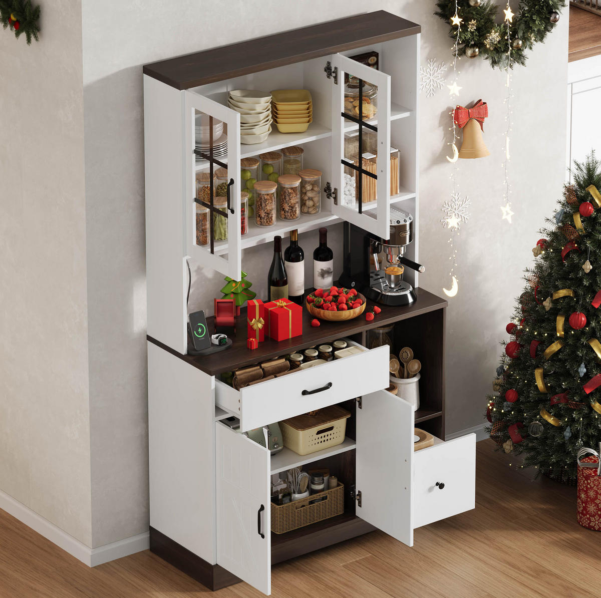 BUFFETSCHRANK 105/40/185 cm Natur/Weiß aus MDF mit LED und Steckdosen - Naturfarben, Holzwerkstoff (105/185/40cm) - OKWISH