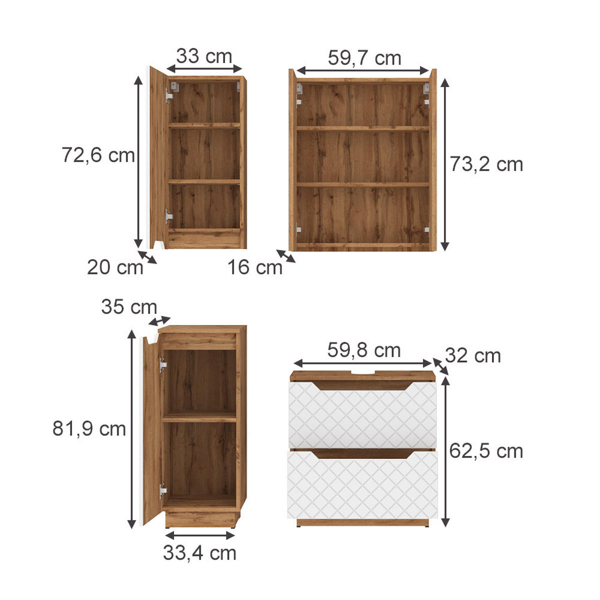 BADMÖBEL-SET Lotta Eiche/Weiß mit Kachelstruktur 4 Teile - Eichefarben/Weiß, Holzwerkstoff (59.8/62.5/32cm) - Vicco
