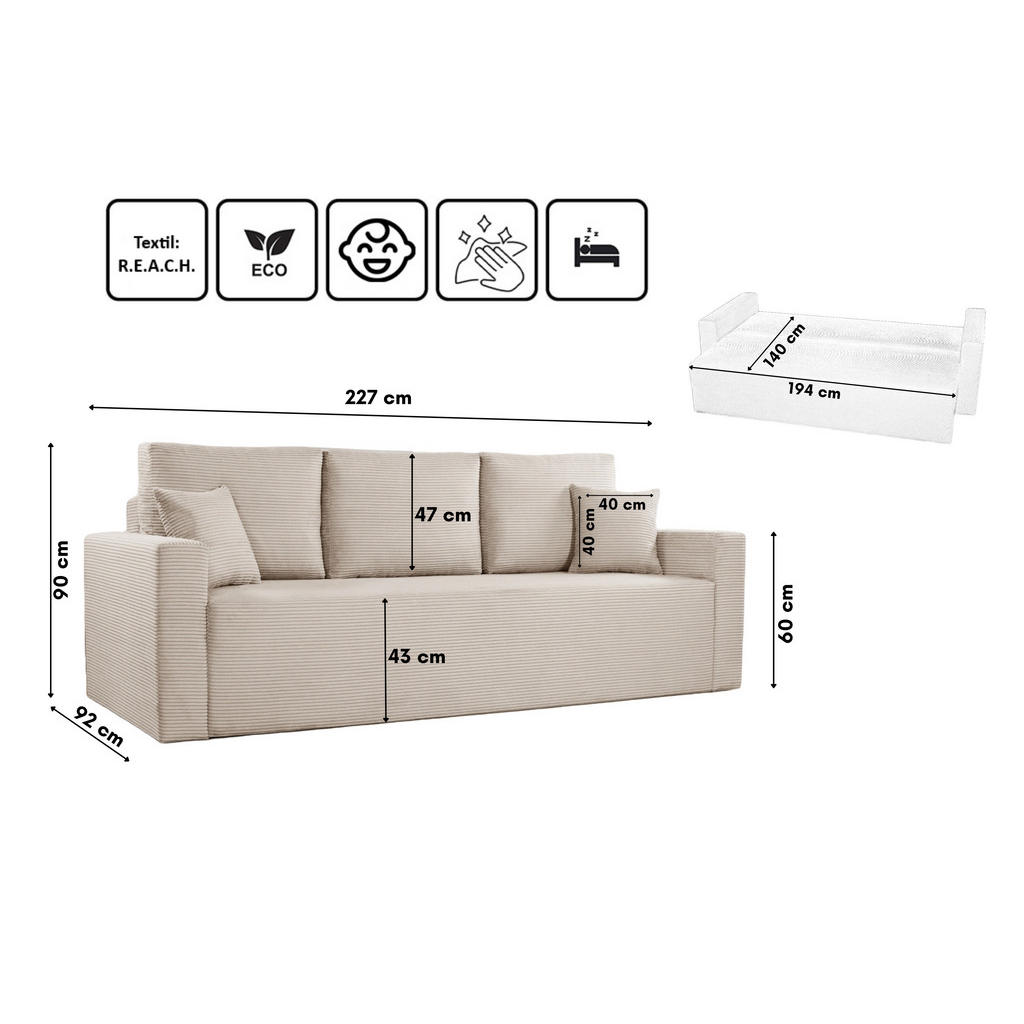 Thumbnail - Kaiser Möbel Schlafsofa, Ecru, Textil, Füllung: Komfortschaum,Komfortschaum, einzeln stellbar,Rechteckig, 227x90x92 cm, ...