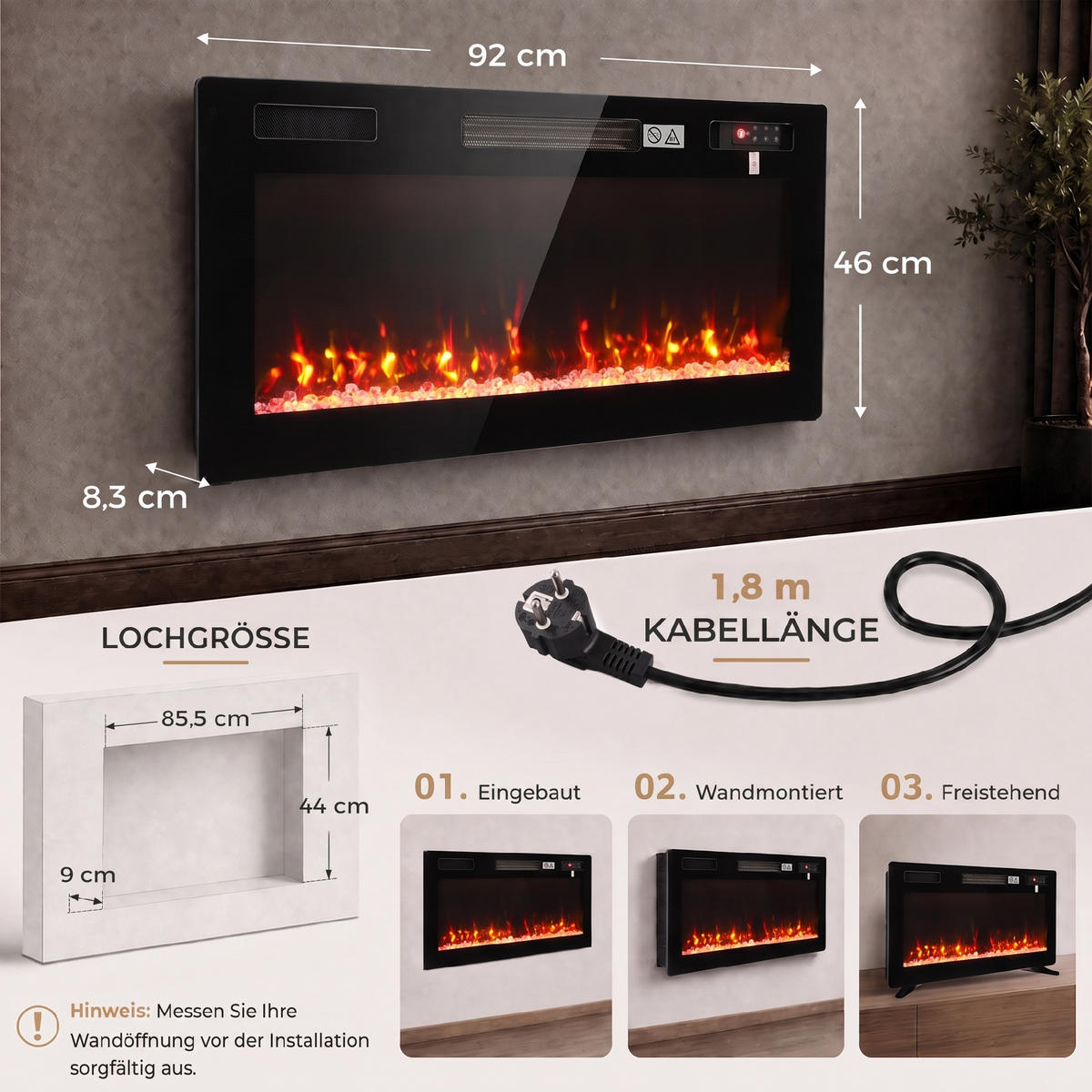 ELEKTROKAMIN Stahl Schwarz - Schwarz, Metall (8.3/46/92cm) - HOMCOM