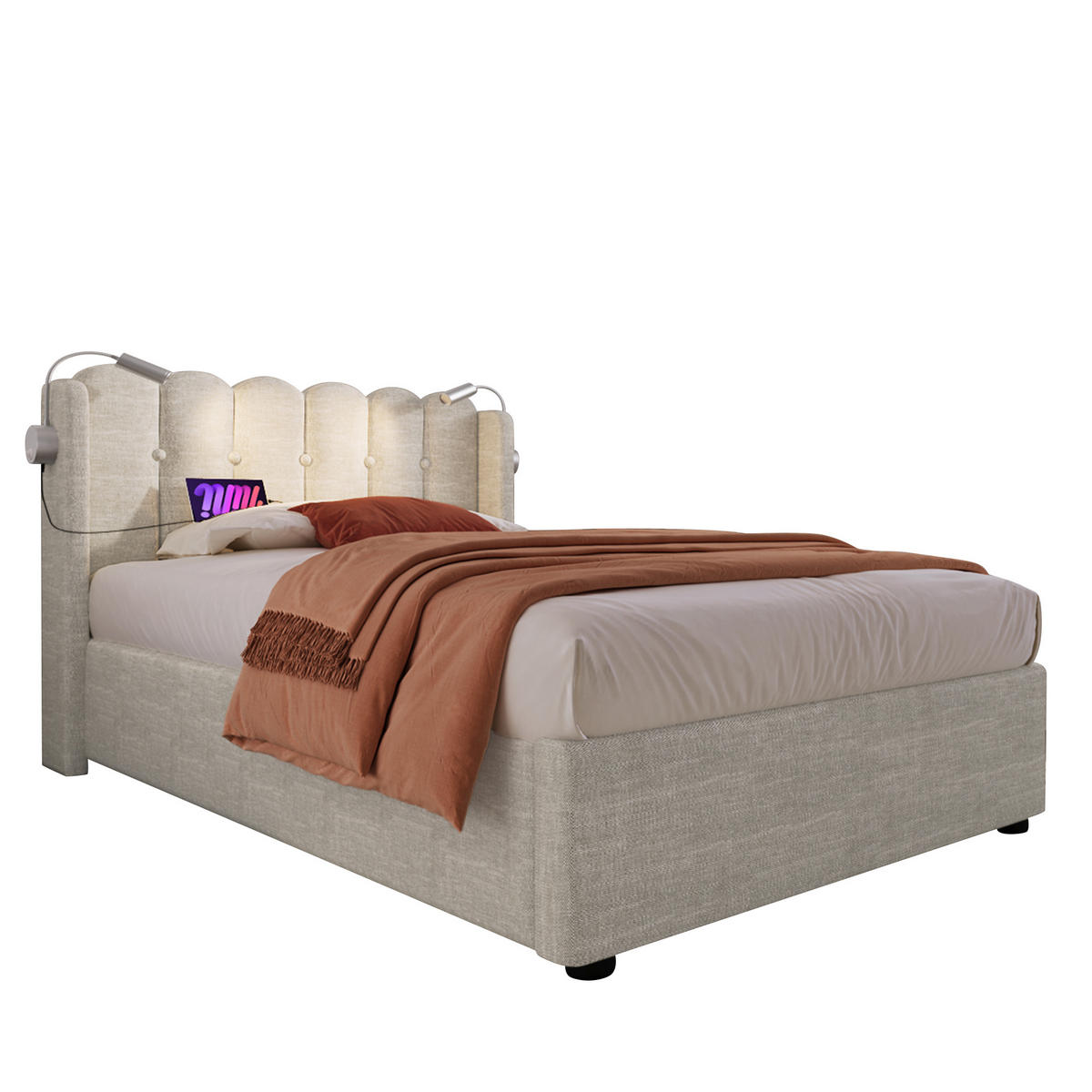 POLSTERBETT 90/200 cm mit Leselicht und Ladefunktion aus Leinen in Natur Ohne Matratze - Naturfarben, Textil (90/200cm) - OKWISH