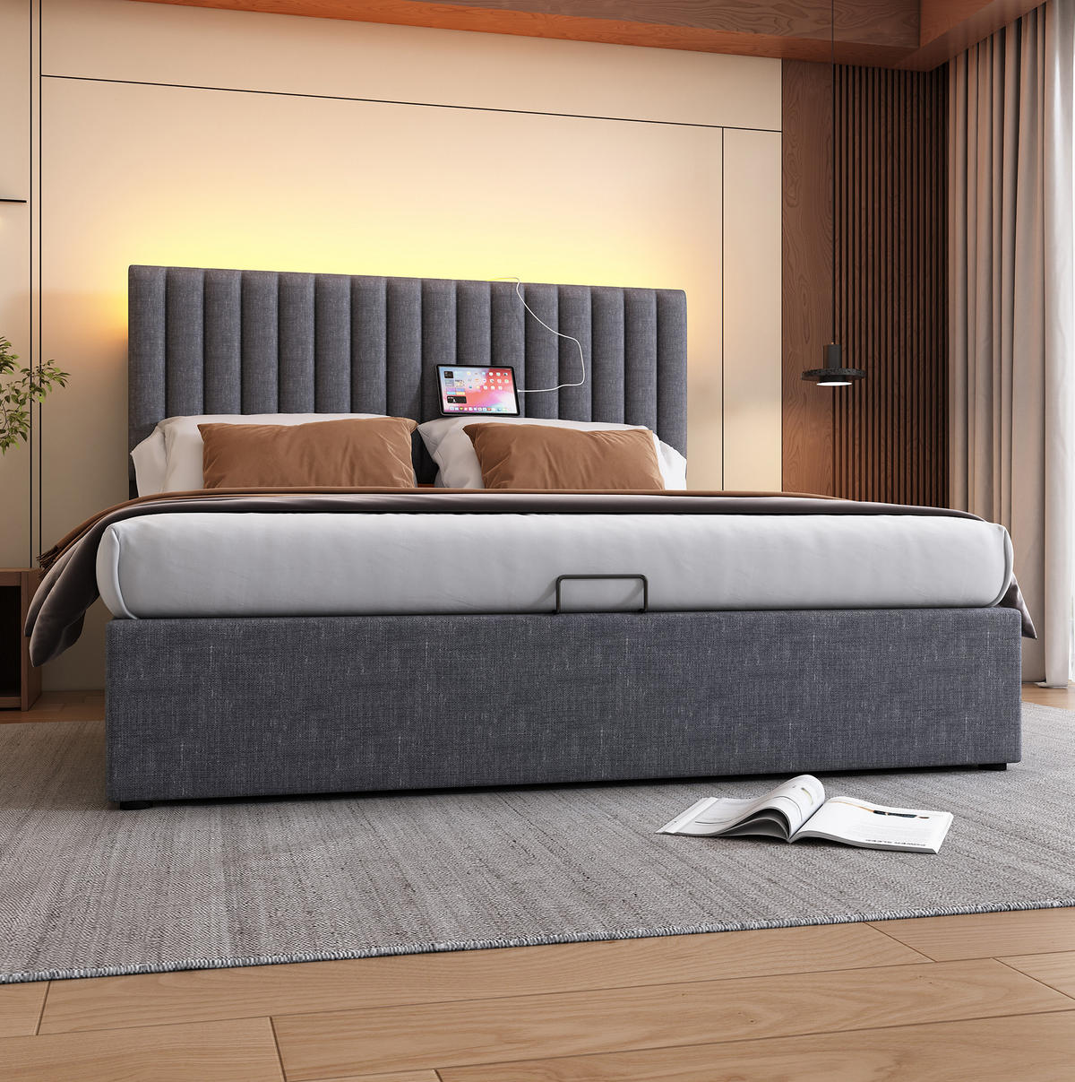 POLSTERBETT 160/200 cm aus Leinen mit LED-Kopfteil, USB- und Type-C-Anschluss, Bettkasten und verstellbarem Kopfteil, Grau - Grau, Textil (160/200cm) - Redom