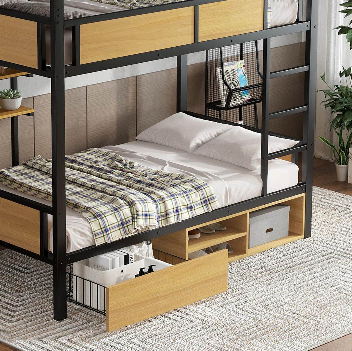 ETAGENBETT mit Schubladen 90x200 cm Metall und MDF Schwarz/Natur - Schwarz, Metall (90/200cm) - Beauniv