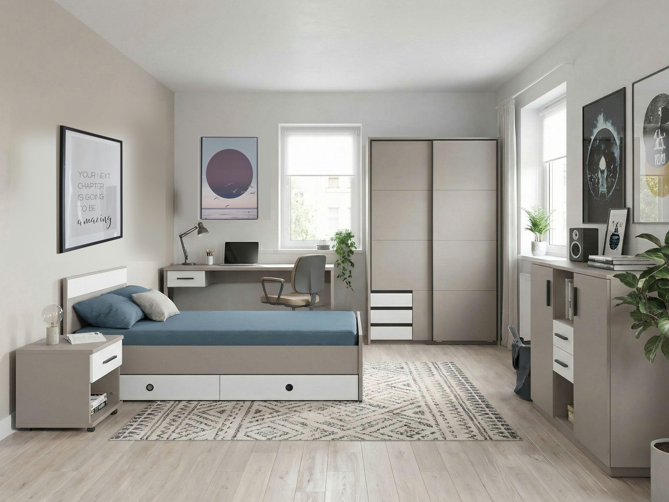 JUGENDZIMMER Bahamas Saharagrau- Weiß 8 teilig mit Schwebetürenschrank - Grau, Holzwerkstoff (80/200/120cm)