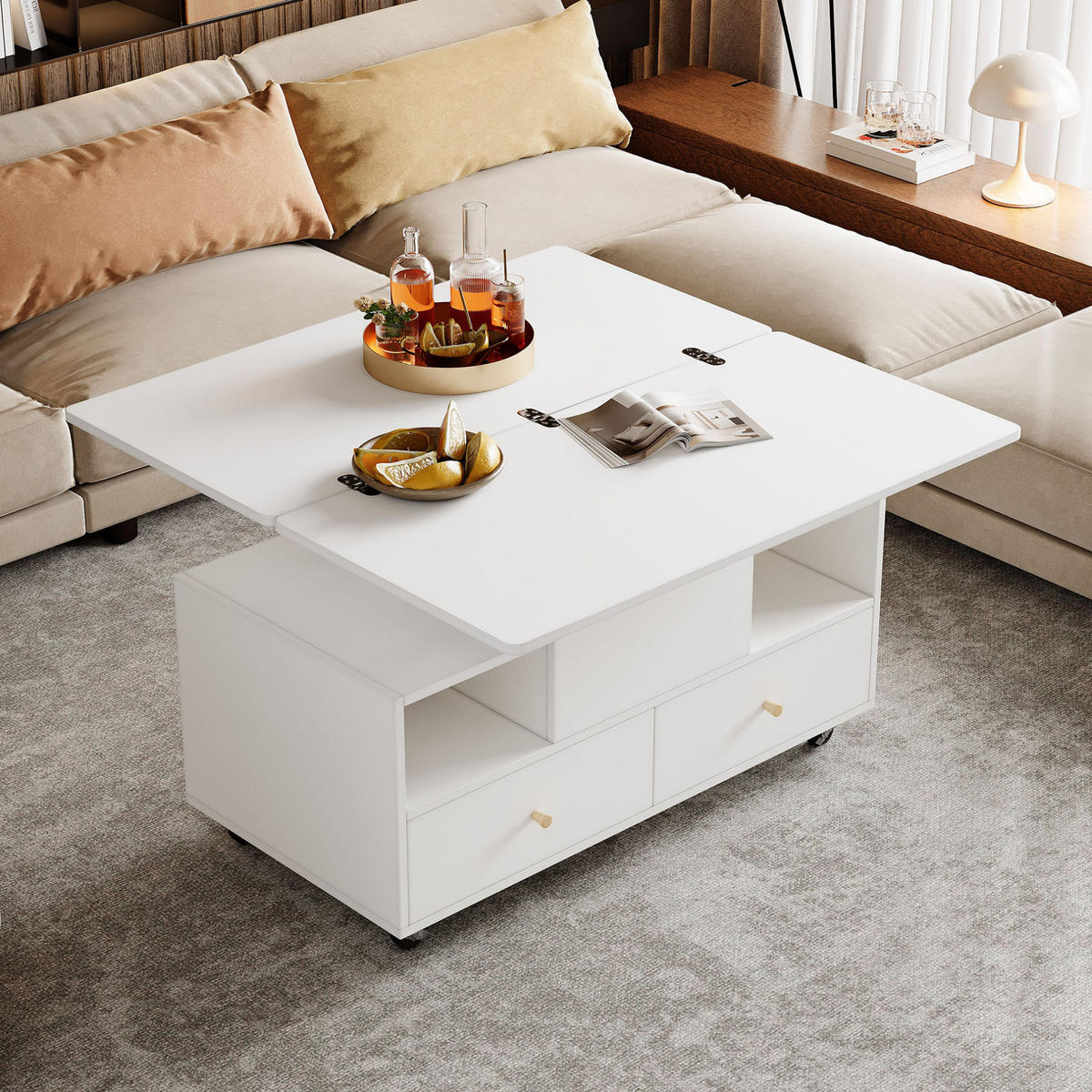 COUCHTISCH 100/50/47,5 cm höhenverstellbar mit Klappfunktion und 4 Schubladen - Weiß, Holzwerkstoff (100/50/47.5cm) - Flora Grace