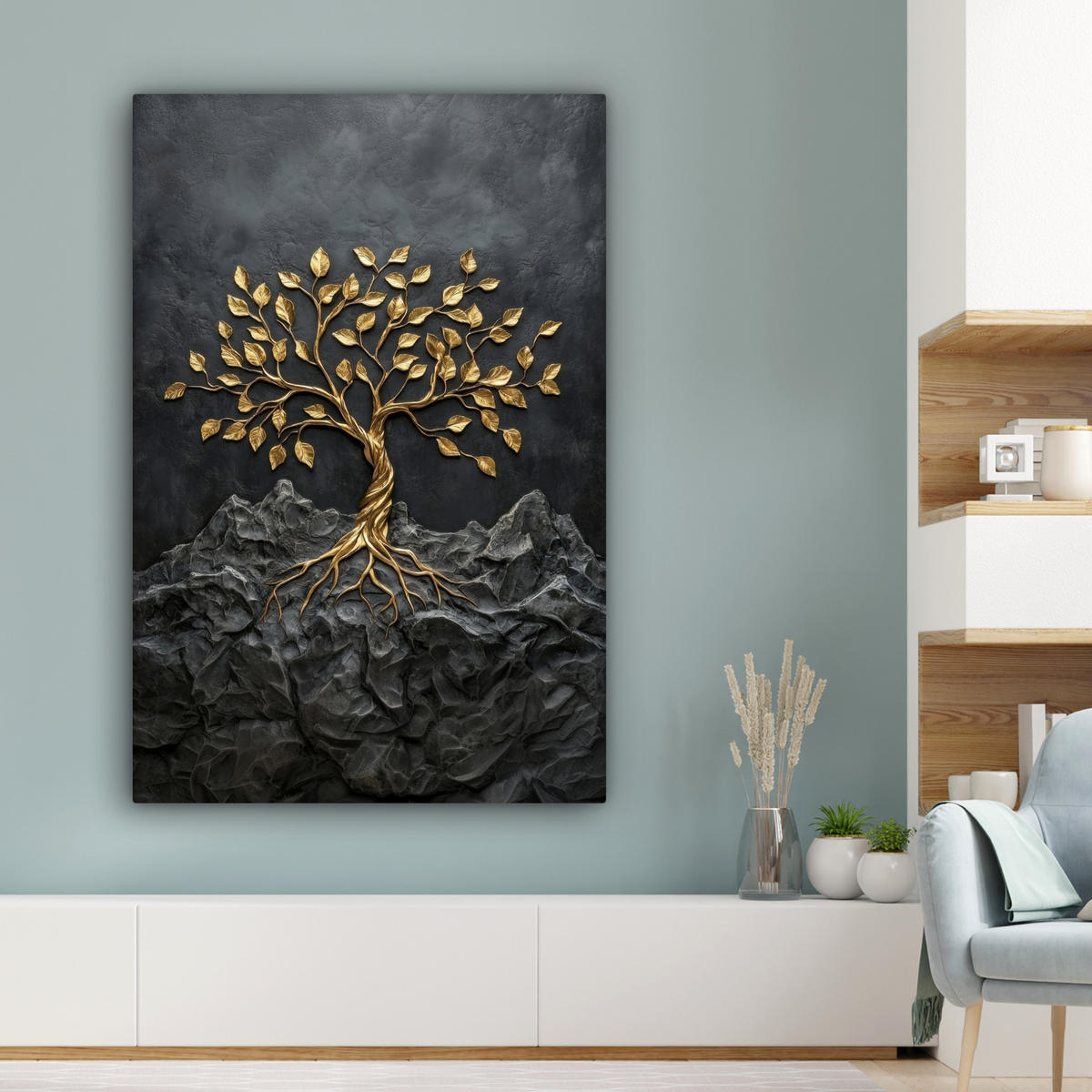 LEINWANDBILD Blätter - Gold - Baum - Fels Deko Groß 90x140 cm - Schwarz, Textil (90/140cm) - MuchoWow