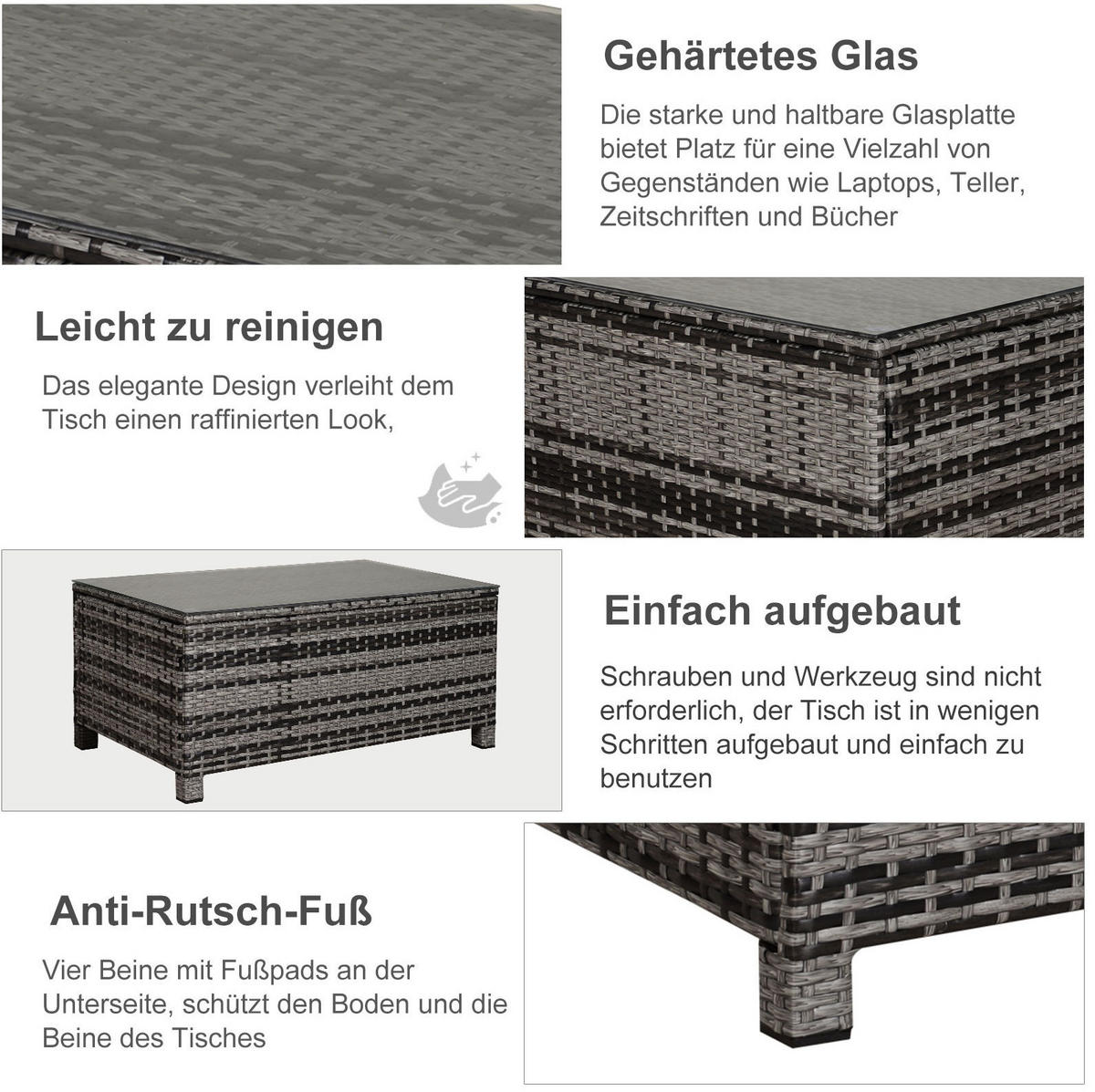 GARTEN-BEISTELLTISCH aus Polyrattan 85x50x39 cm Grau mit Glasplatte, witterungsbeständig und pflegeleicht - Grau, Kunststoff (85/50/39cm) - Modfu