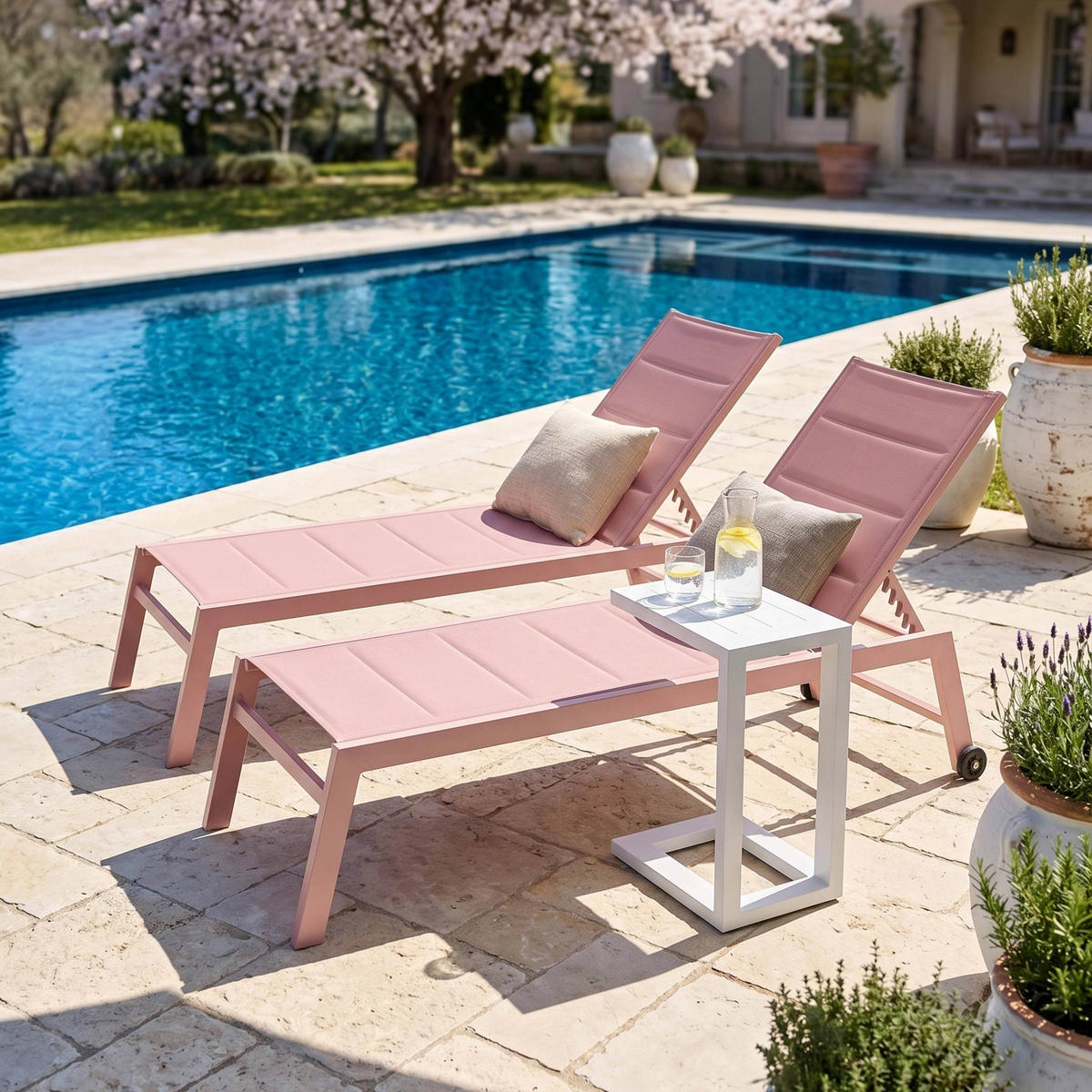 SONNENLIEGE 2-tlg., Puderrosa - Pink, Metall (169/103/65cm) - Oviala