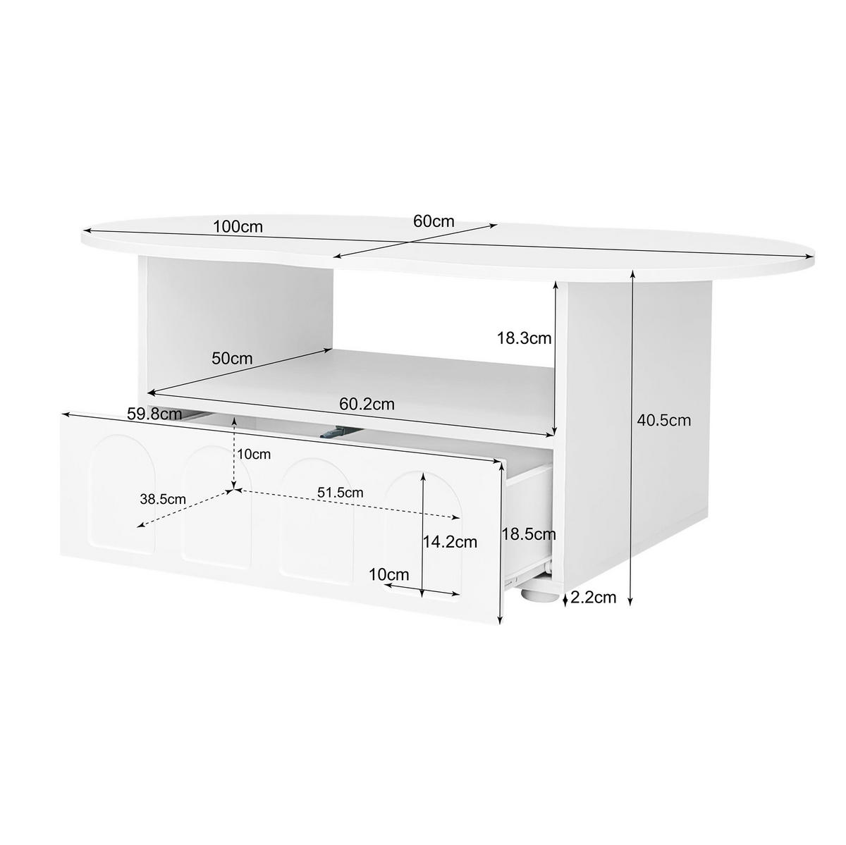COUCHTISCH, wolkenförmige Tischplatte, Spanplatte, mit Schublade und offenem Fach, 100/60/40,5 cm, Weiß - Weiß, Holzwerkstoff (100/45.5/60cm) - Redom