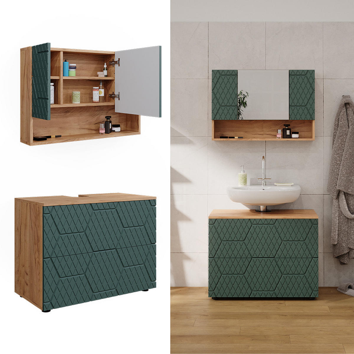 BADMÖBEL-SET Irma Grün 2 Teile, Unterschrank 80 cm - Eiche Wotan/Grün, Holzwerkstoff (80/58.6/41cm) - Vicco