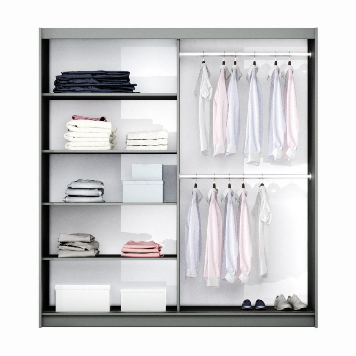 SCHWEBETÜRENSCHRANK Tessa mit 2 Türen und Spiegel, 200 cm, Graphit+Weiß - Graphitfarben/Weiß, Holzwerkstoff (200/215/65cm) - Beautysofa