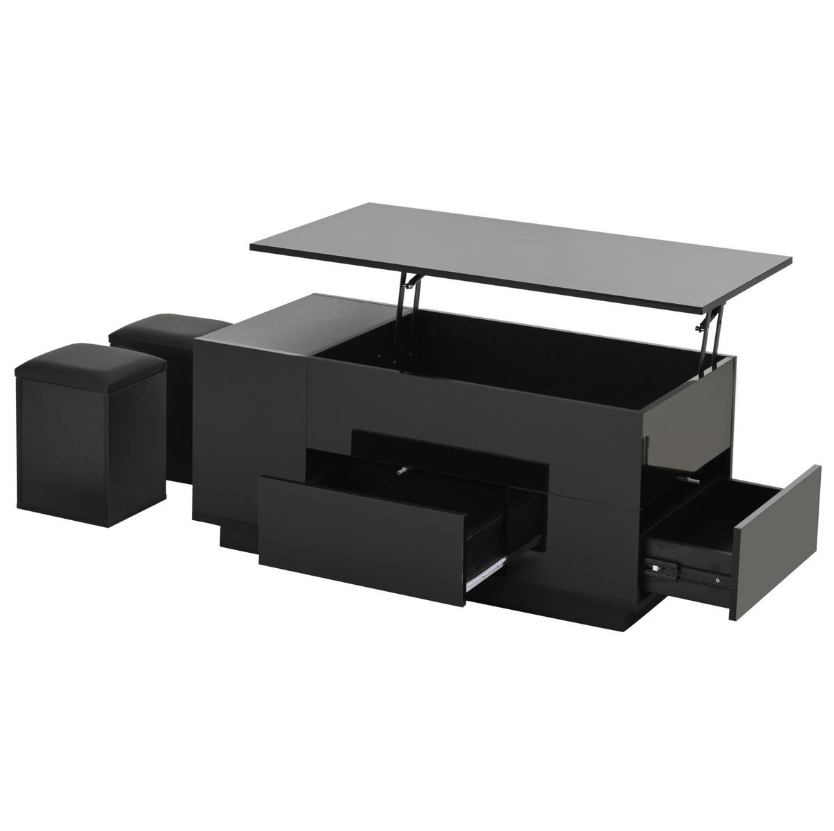COUCHTISCH 100/50/45 cm höhenverstellbar mit LED, 2 Schubladen, 2 Hockern und Stauraum aus Spanplatte, Schwarz - Schwarz, Holzwerkstoff (100/50/45cm) - Redom