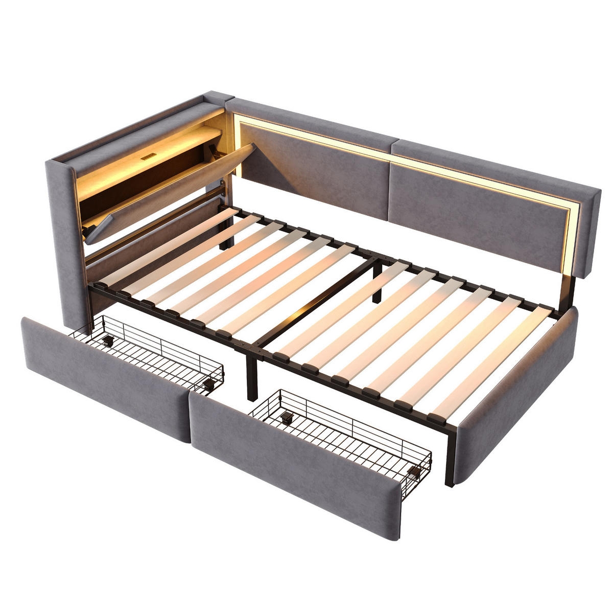 POLSTERBETT 90/200 cm aus Samt mit LED-Beleuchtung und USB-Anschlüssen Dunkelgrau - Dunkelgrau, Textil (90/200cm) - Modenvie