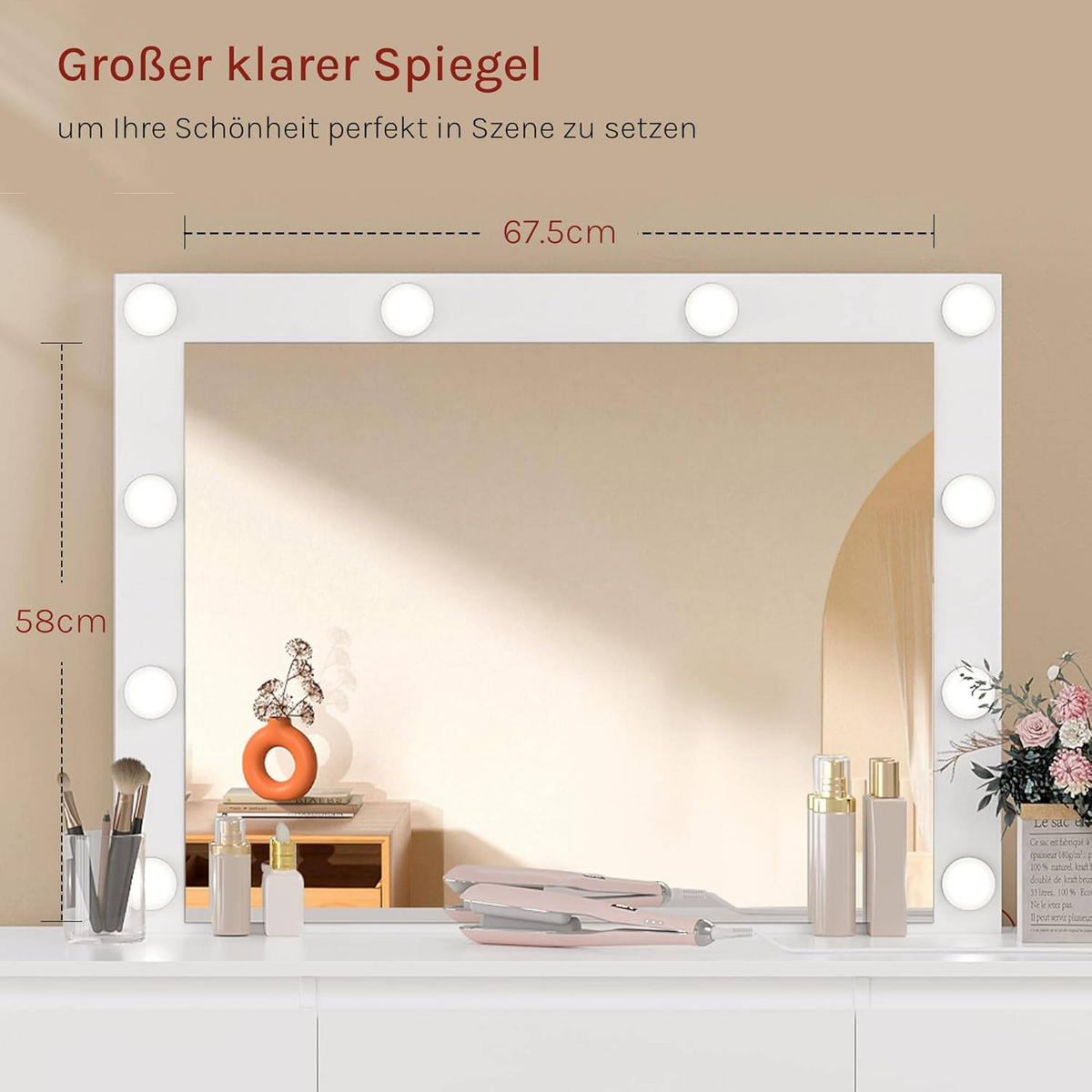 SCHMINKTISCH mit LED-Beleuchtung Steckdose Spiegel, Weiß - Weiß, Glas/Holzwerkstoff (110/140.5/39.5cm) - Woltu