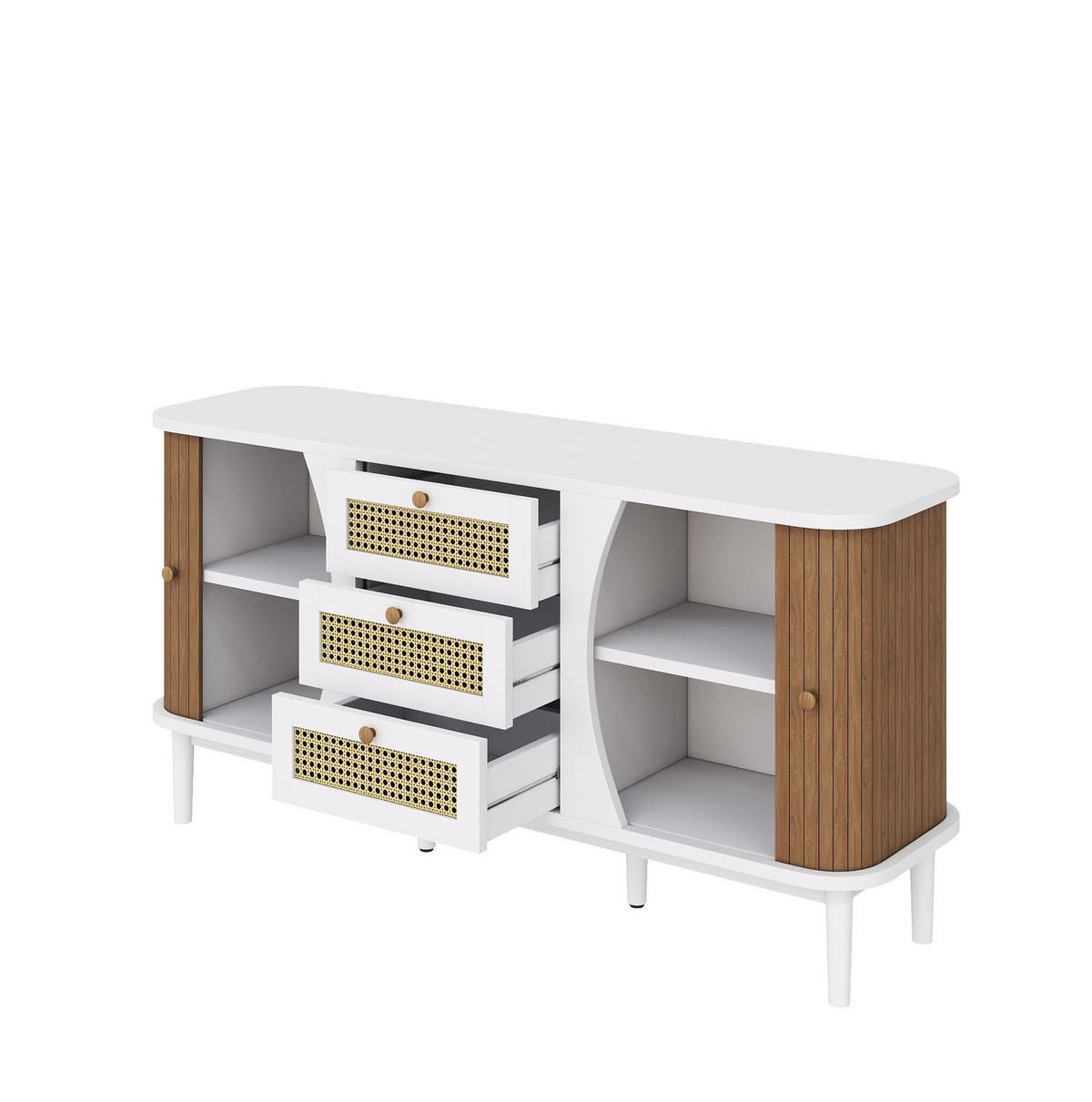 SIDEBOARD 140,5/40/76 cm mit 3 Rattanschubladen und verstellbaren Einlegeböden aus MDF und Spanplatte, Weiß/Holzfarbe - Weiß, Holzwerkstoff (140.5/76/40cm) - Redom
