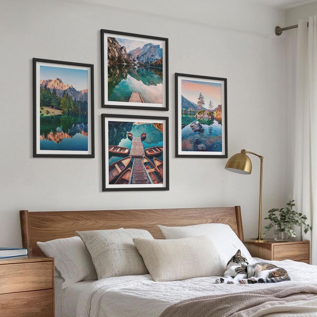 BILDER SET 4er Set - 50x50 cm & 40x60 cm Schwarzer Rahmen - Spiegelung des Waldes in Bergseen - Schwarz, Kunststoff (50/50cm) - TULUP