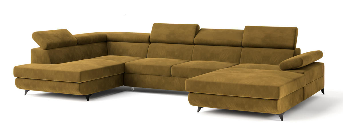 WOHNLANDSCHAFT RUBANO L-S Gelb Velours-Stoff mit Schlaffunktion - Gelb, Holz (339/89/190cm) - MASSENO