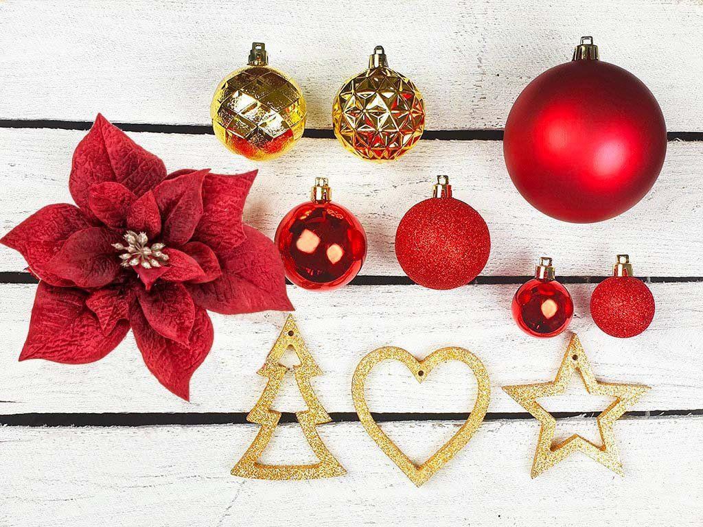 WEIHNACHTSBAUMSCHMUCK-SET WEIHNACHTSSTERNE 106-teilig, für Weihnachtsbäume 120–210 cm, inkl. Aufbewahrungsbox - Rot/Goldfarben, Holz/Kunststoff (55/50/75cm) - LAALU