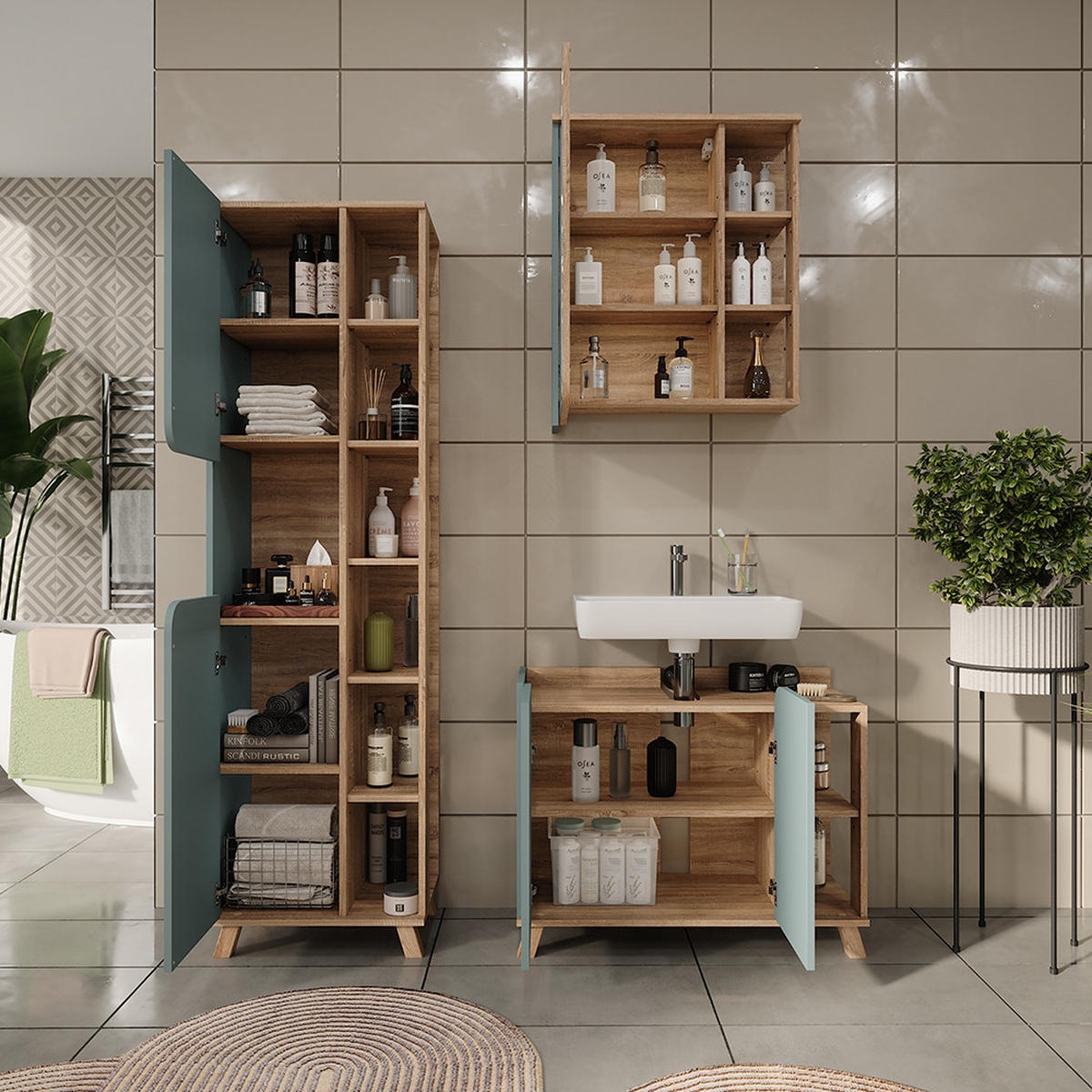 KOUPELNOVÝ NÁBYTEK Karen Sonoma/modrá - Sonoma dub/tmavě modrá, kompozitní dřevo (80/65/35cm) - Vicco