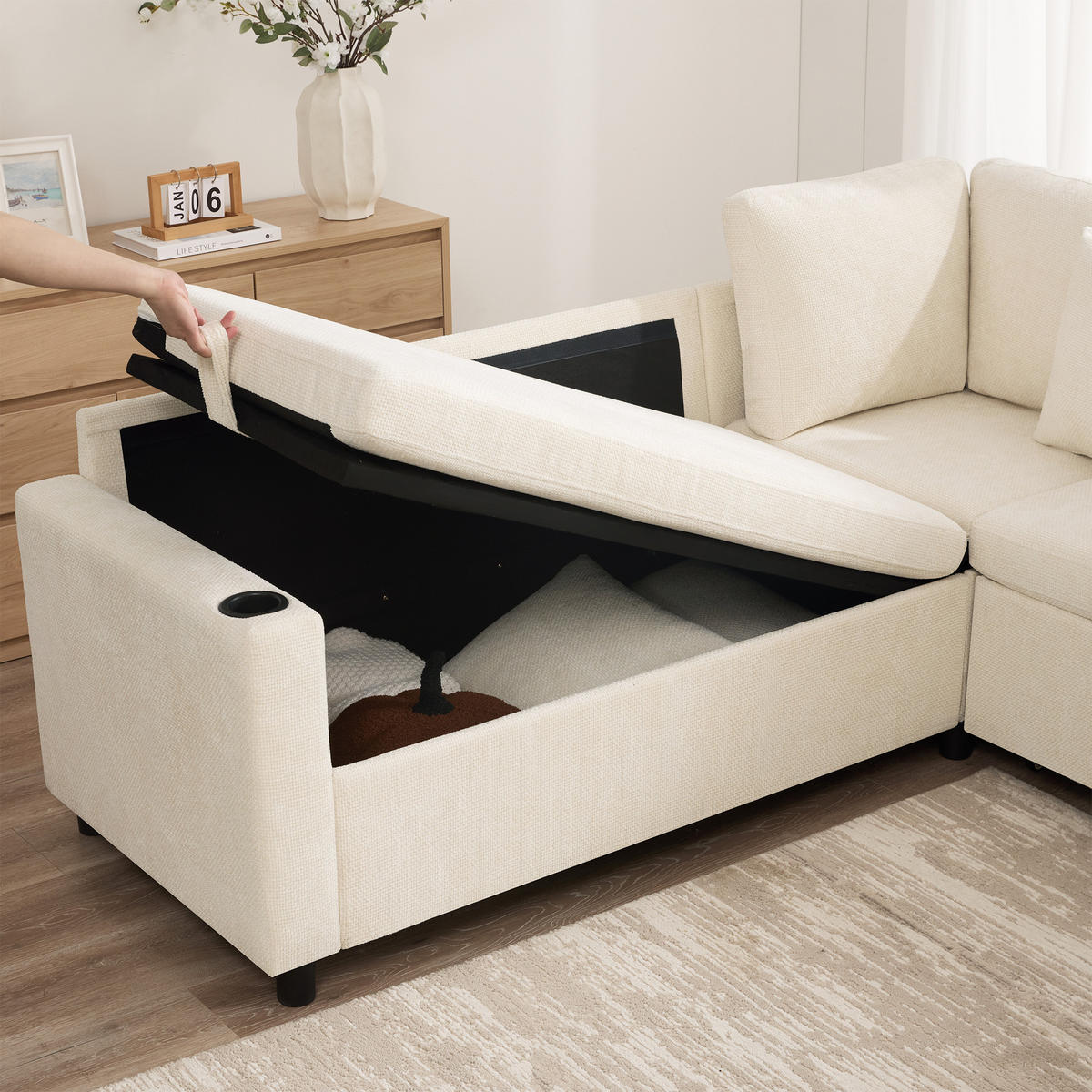 ECKSCHLAFSOFA Chenille Beige mit Stauraum, USB, USB-C und mit Hocker - Beige, Holzwerkstoff/Kunststoff (213/184cm) - WISHDOR