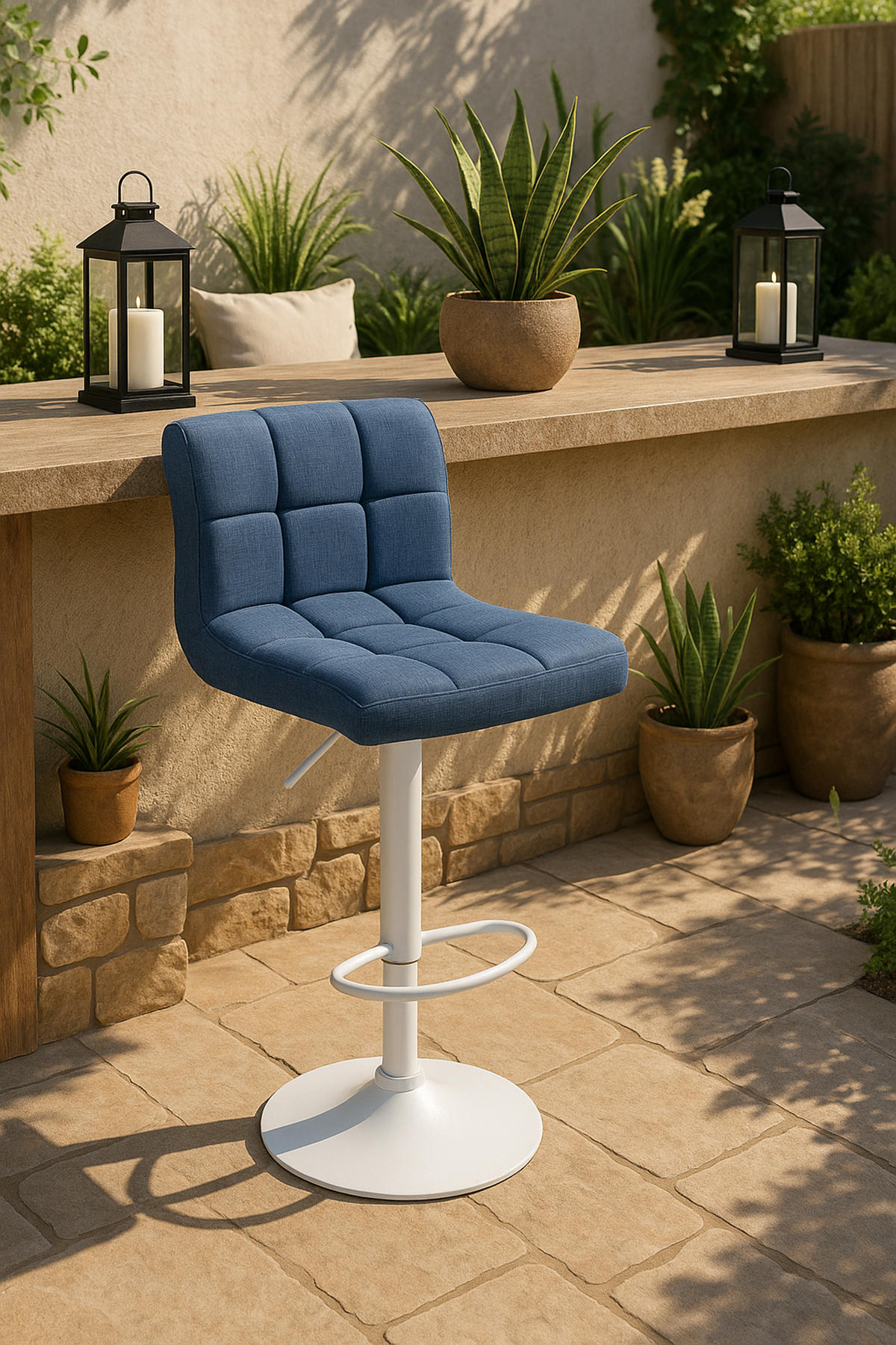 BARHOCKER Cala Stoff weiß blau - Blau/Weiß, Textil/Metall (46/114/47cm) - TPFLiving