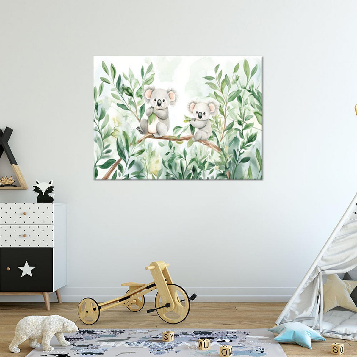 WANDBILD für kinderzimmer koala trägt eukalyptusblätter - Grün, Textil (60/40cm) - Feeby