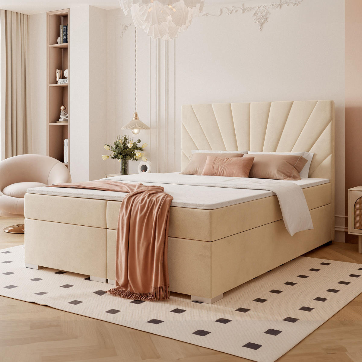BOXBETT 160x200 cm mit Topper - Beige, Holzwerkstoff/Textil (160/200cm) - Idohome