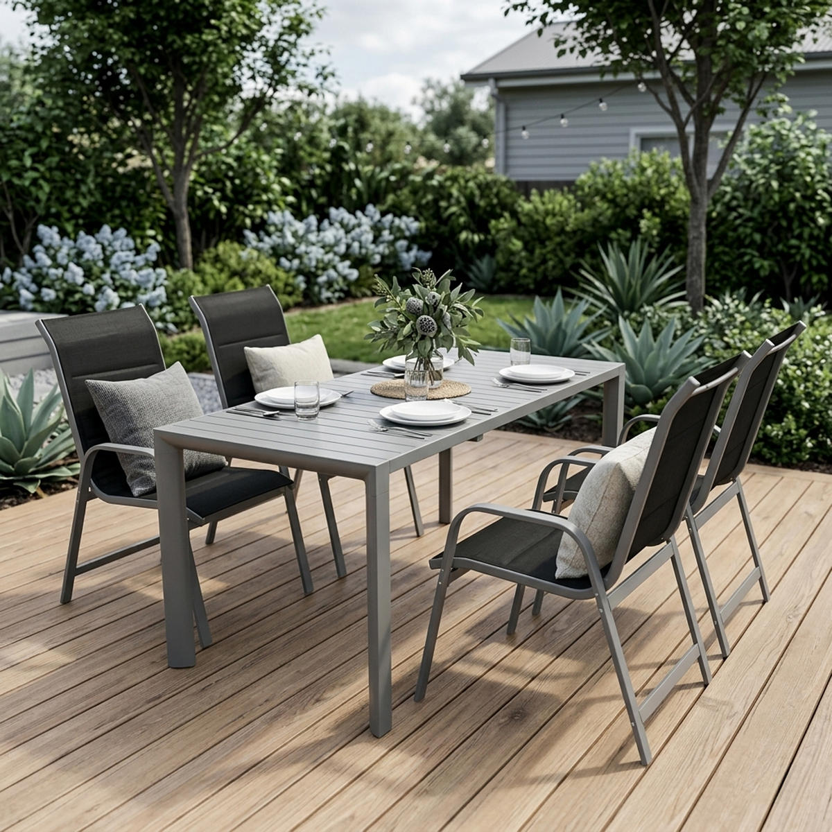 GARTEN-GARNITUR Ashford - 5-teilige Garten-Essgruppe (4x Stapelsessel Hochlehner Aluminium silbergrau + Textilgewebe gepolstert schwarz - Grau, Metall - TPFGarden