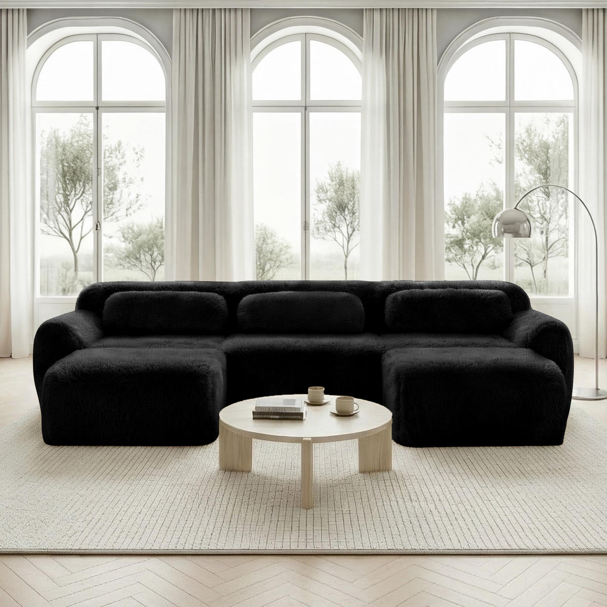 3-SITZER Sofa 291x179x73 cm aus Plüschstoff rahmenlos modular mit 2 Ottomans, schwarz - Schwarz, Textil (179/73/291cm)