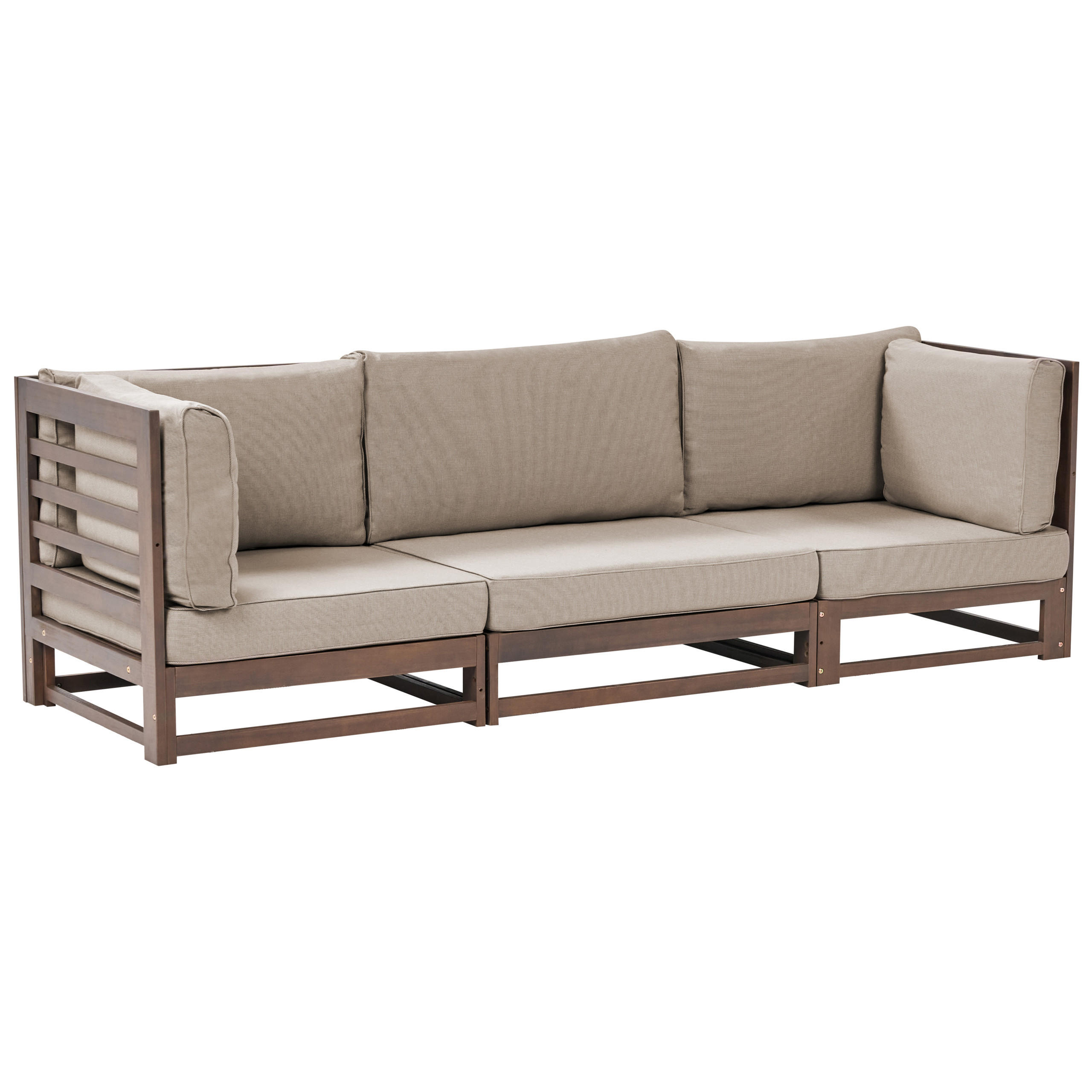GARTENSOFA 3-Sitzer zertifiziertes Akazienholz dunkelbraun Auflagen taupe Trani - Dunkelbraun/Beige, Holz (235/72/75cm) - Beliani