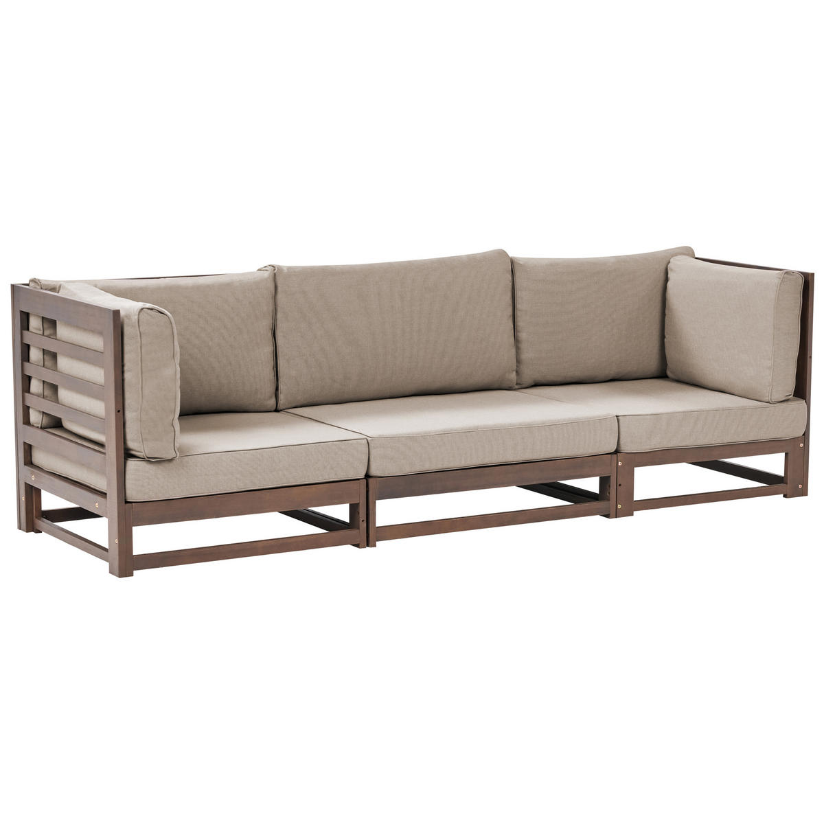 GARTENSOFA 3-Sitzer zertifiziertes Akazienholz dunkelbraun Auflagen taupe Trani - Dunkelbraun/Beige, Holz (235/72/75cm) - Beliani