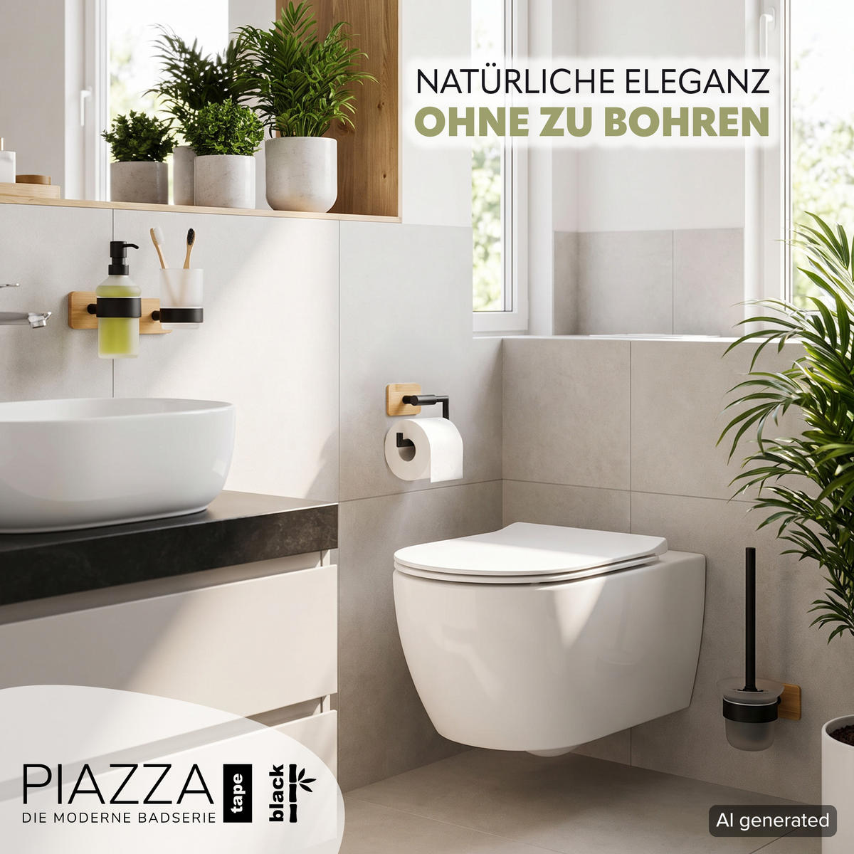 TOILETTENPAPIERHALTER PIAZZA BLACK TAPE BAMBUS, Edelstahl, Bambus, schwarz - Schwarz, Metall (15.5/11/6cm) - bremermann