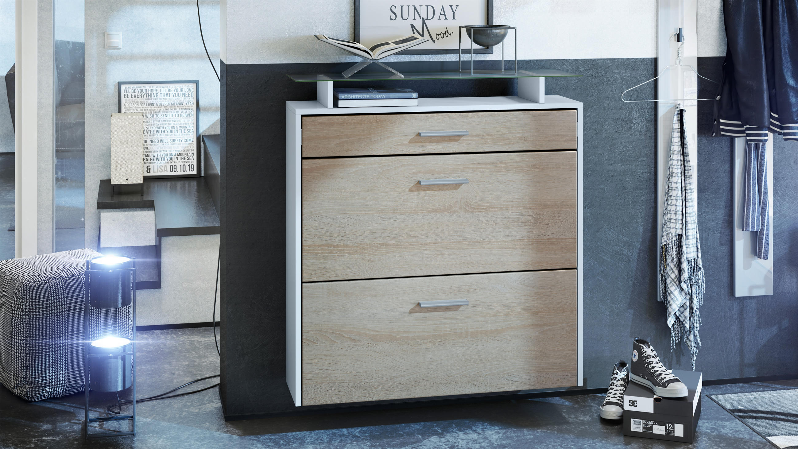 SCHUHSCHRANK Malea Front in Eiche sägerau - Eiche San Remo, Holzwerkstoff (89/96/23cm) - Vladon