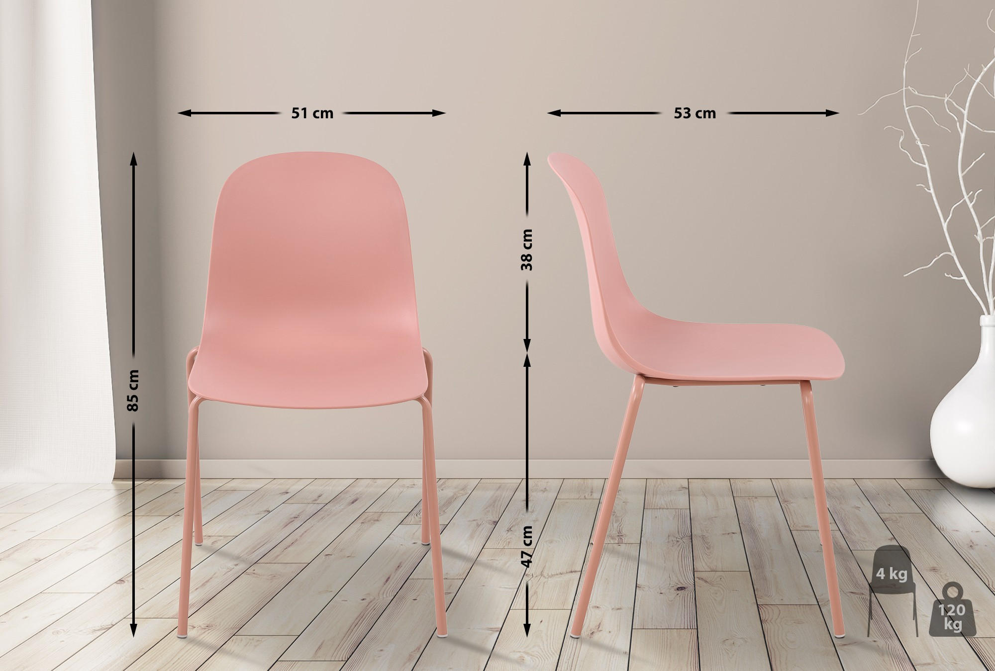 Thumbnail - CLP Stapelstuhl, Pink, Kunststoff, 51x85x53 cm, Esszimmer, Stühle, Esszimmerstühle, Vierfußstühle
