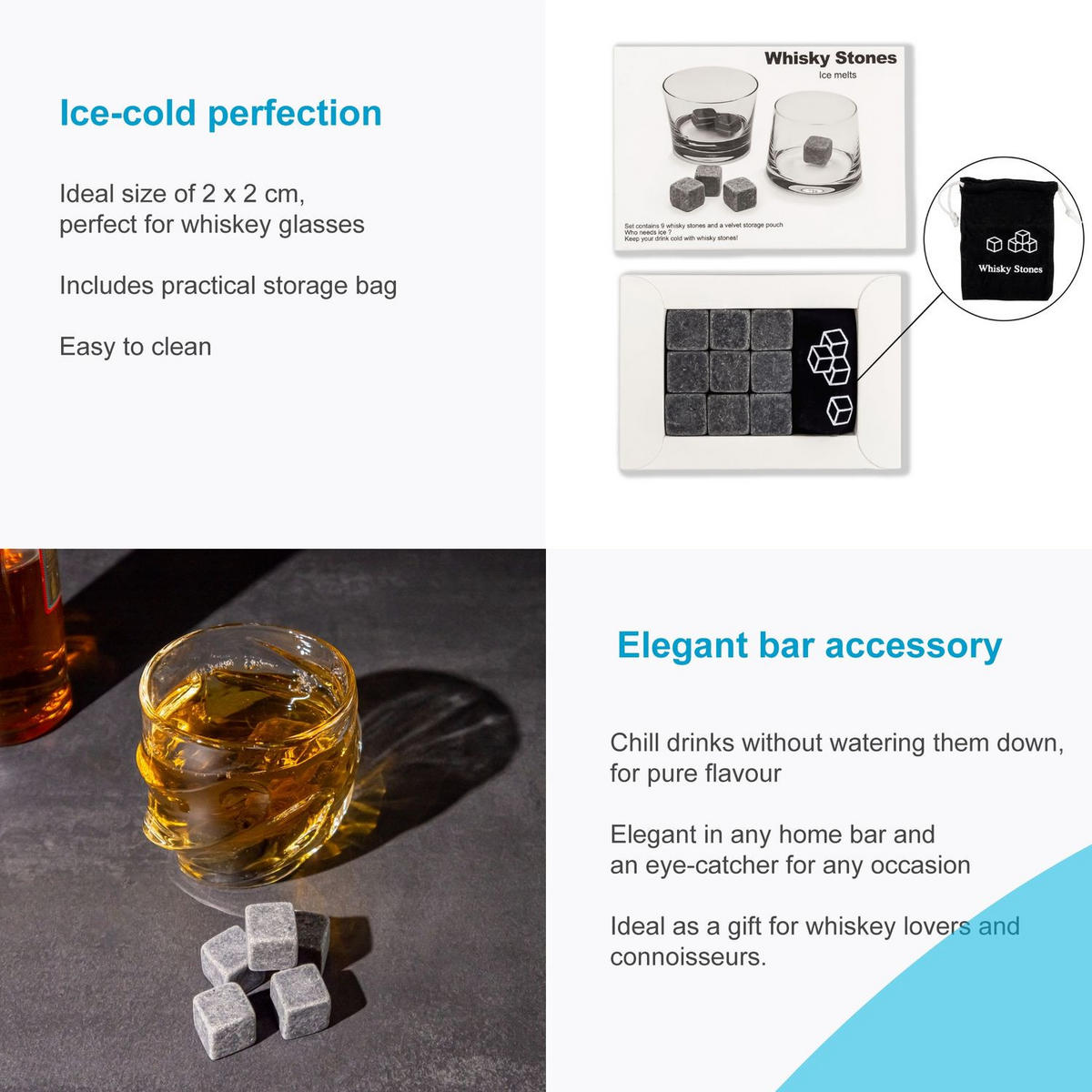 WHISKEY STEINE 9 Stück - Grau, Stein (2/2/2cm) - Intirilife