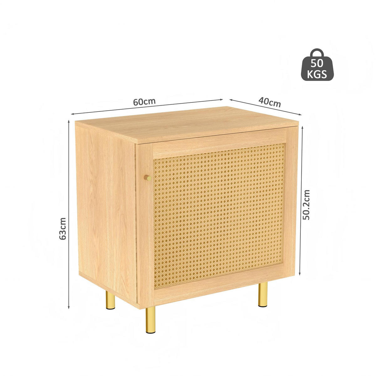 SIDEBOARD aus MDF 40x60x63 cm Natur mit Rattantür, Regalboden und goldfarbenen Metallbeinen - Naturfarben, Holzwerkstoff (60/63/40cm) - Modfu