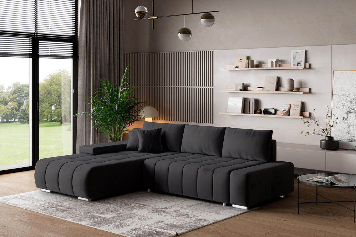 ECKSOFA ALESE L-S Schwarz Velours-Stoff mit Schlaffunktion - Schwarz, Holz (265/185cm) - MASSENO