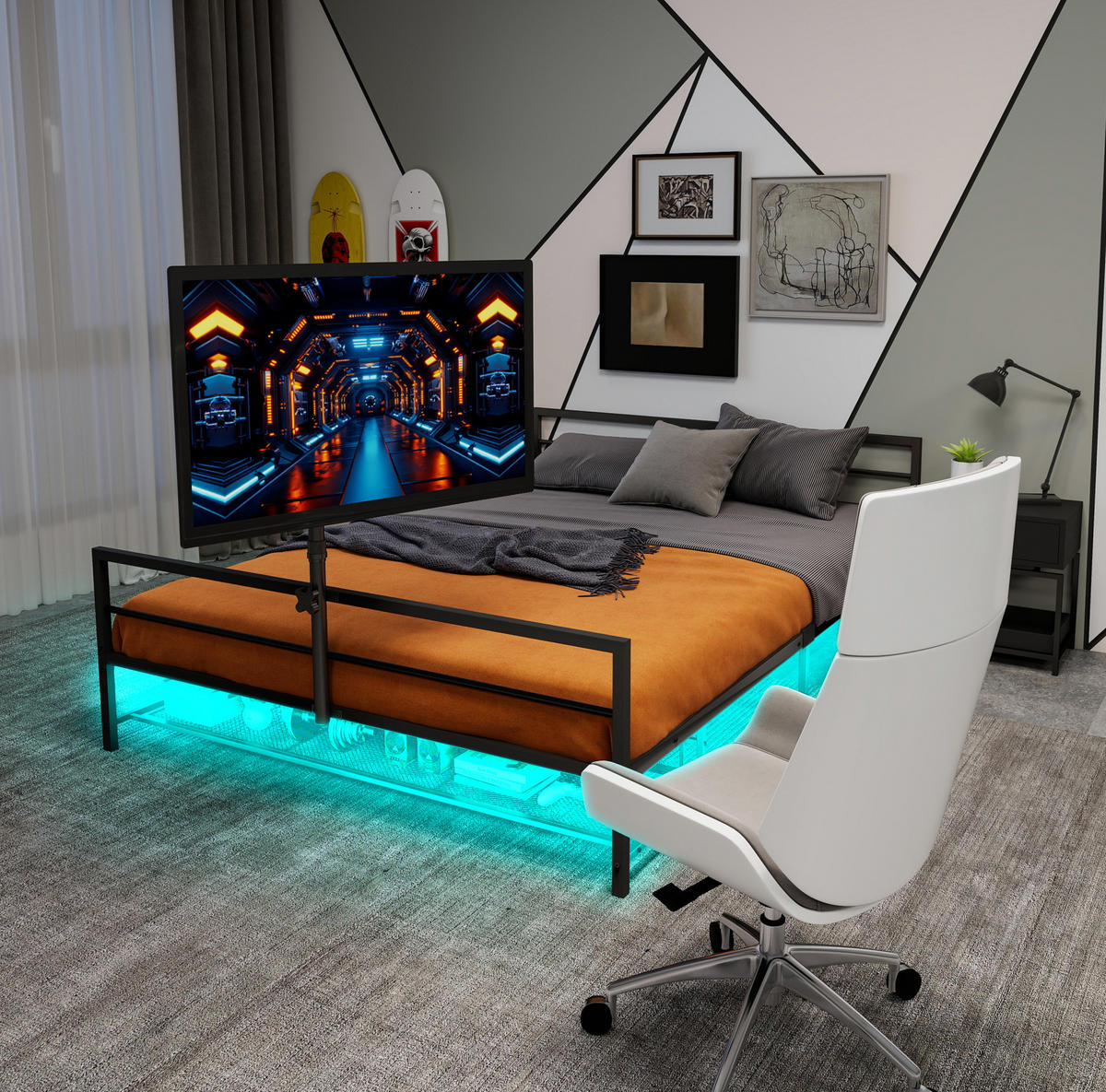 POSTEĽ 206 cm z kovu, čierna, s LED osvetlením a nastaviteľným držiakom monitora - čierna, kov (90/200cm) - BEAOK