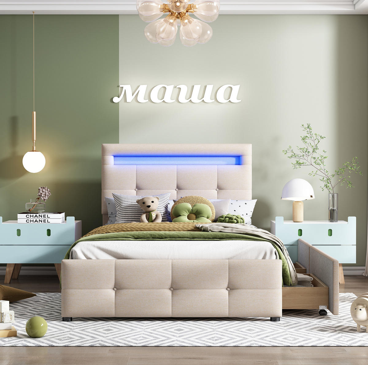 POLSTERBETT mit LED-Beleuchtung 90/200 cm in Beige mit 2 Schubladen - Beige, Holzwerkstoff (90/200cm) - BEAOK