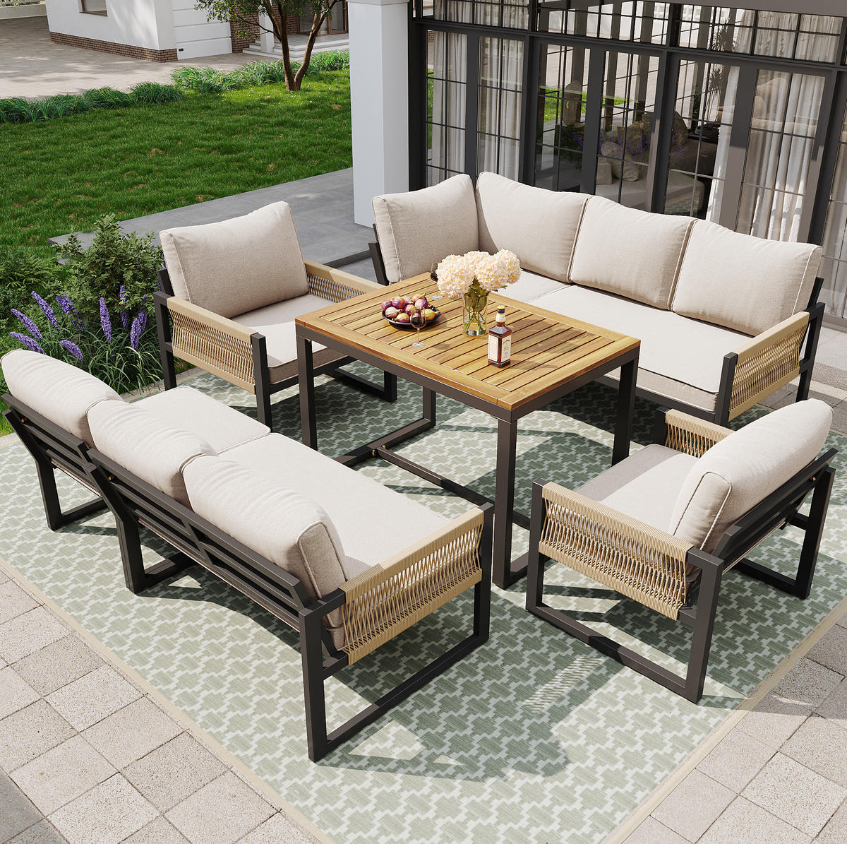 GARTENMÖBEL-SET mit Tisch & modularen Sitzen, 100/58/67 cm, Beige - Beige, Metall - Redom
