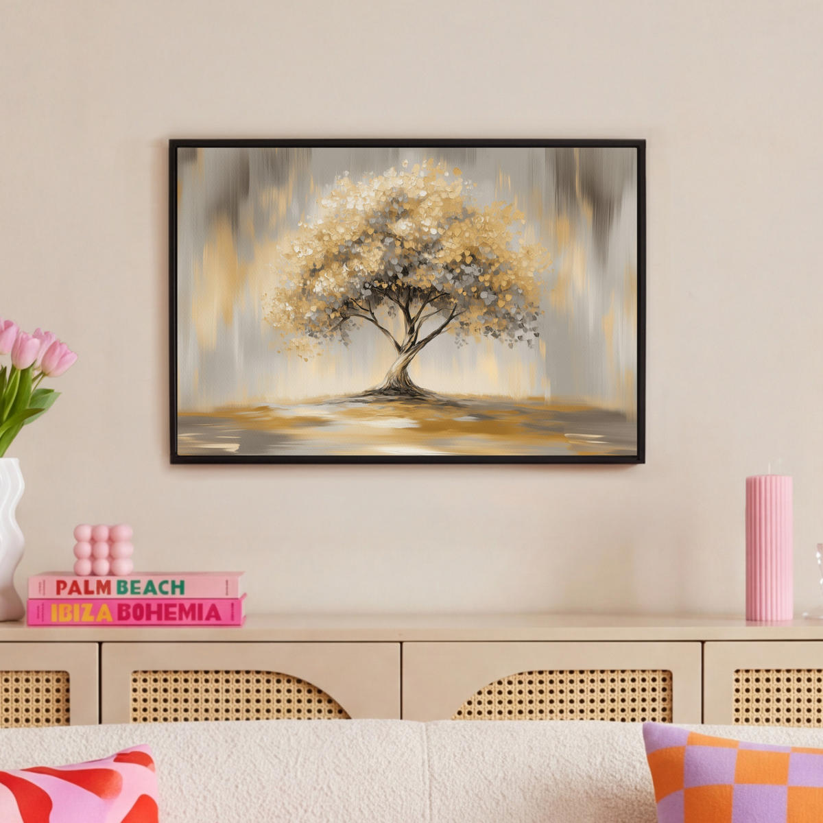 LEINWAND Bilder mit Rahmen - Gemälde - Baum - Abstrakt - Blätter - 60x40 - Beige, Textil (60/40cm) - MuchoWow
