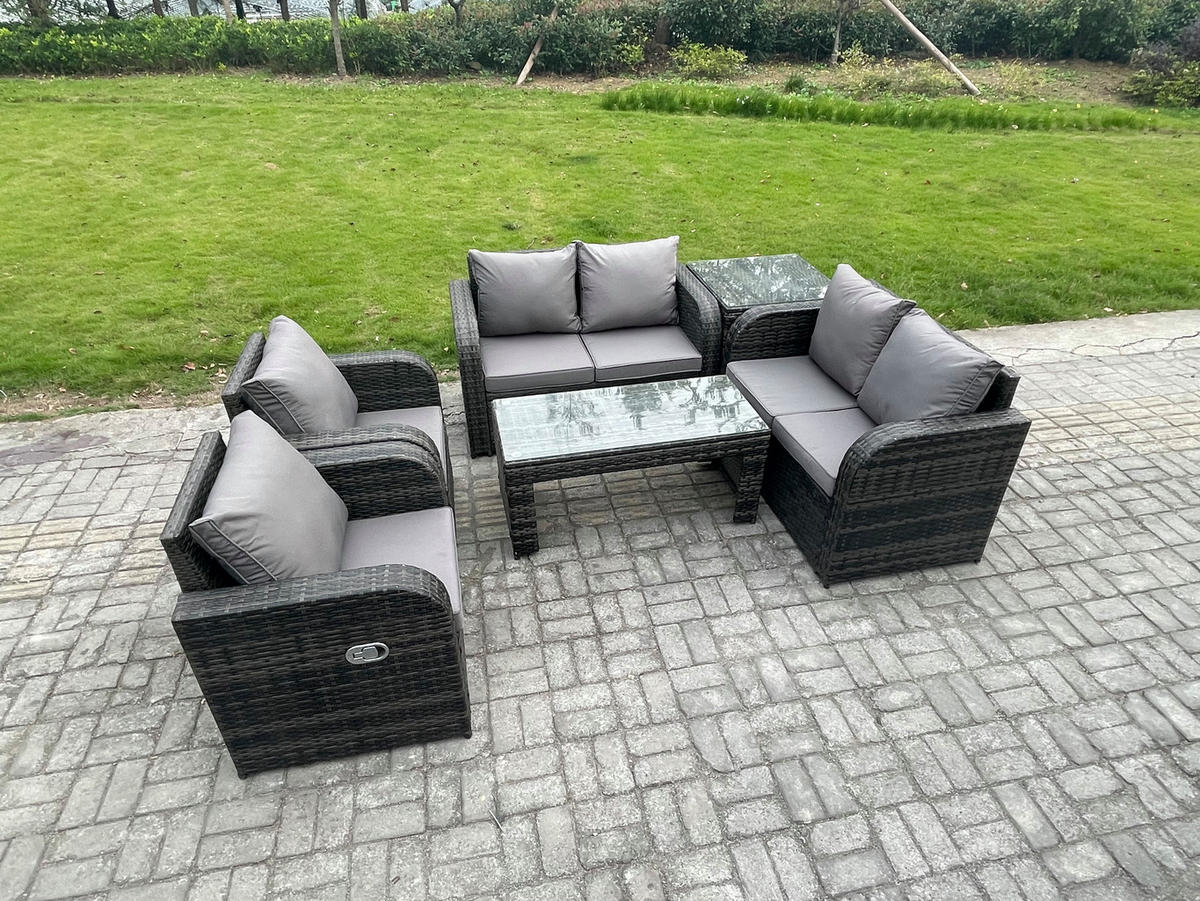 GARTENSOFA SET mit LIEGESTUHL Polyrattan 6-Sitzer Dunkelgrau - Dunkelgrau/Grau, Glas/Kunststoff - Fimous
