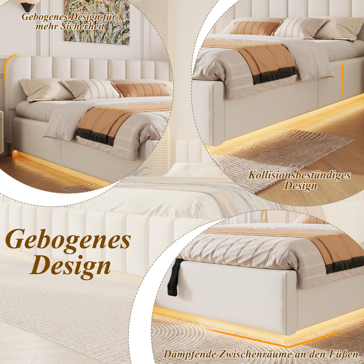 POLSTERBETT 180x200cm Hydraulik LED Chenille Beige - Beige, Holzwerkstoff (180/200cm) - FLIEKS