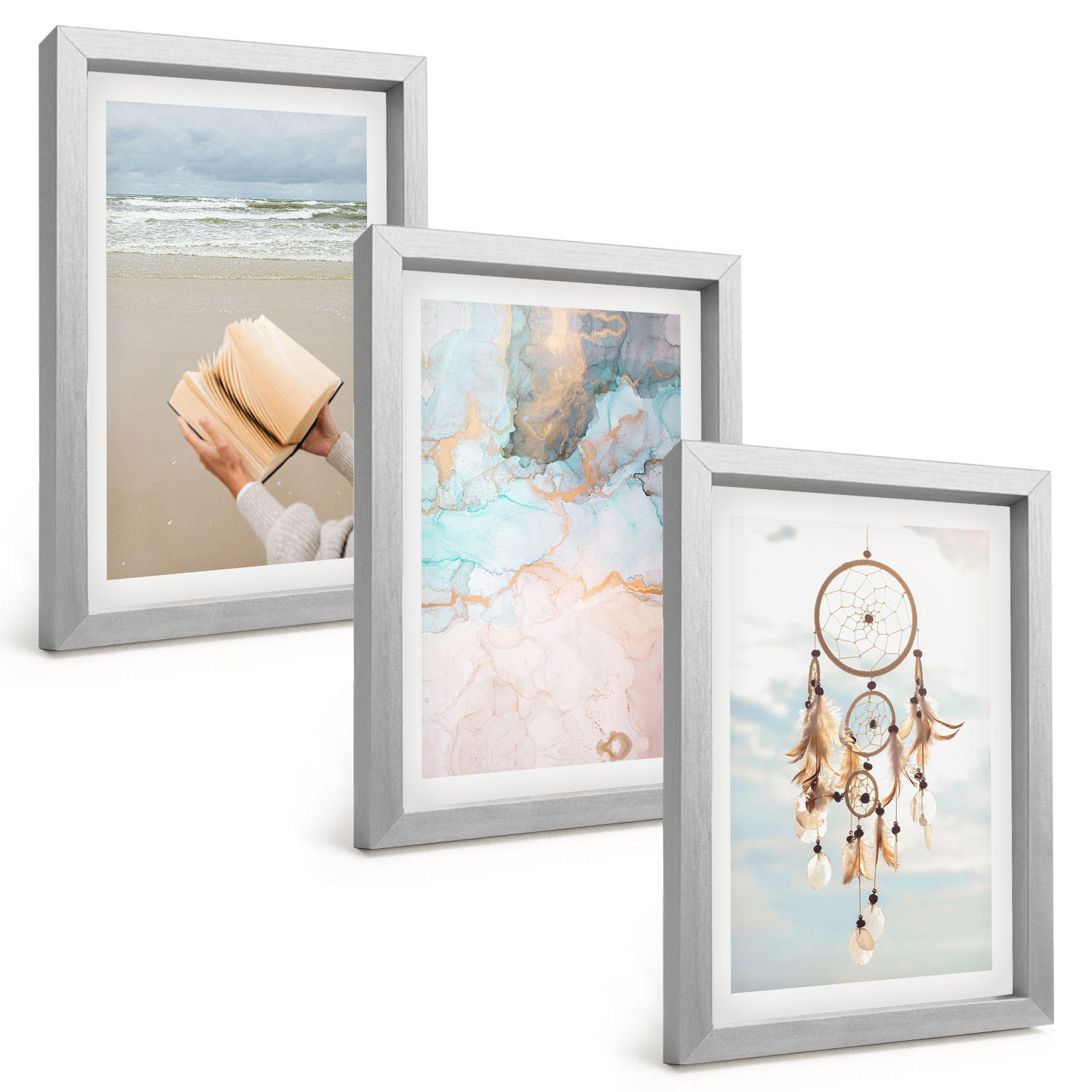 BILDER SET 3er Set - 20x30 cm Silberner Rahmen - Abstraktes Meeresbuch Boho - Silberfarben, Kunststoff (20/30cm) - TULUP